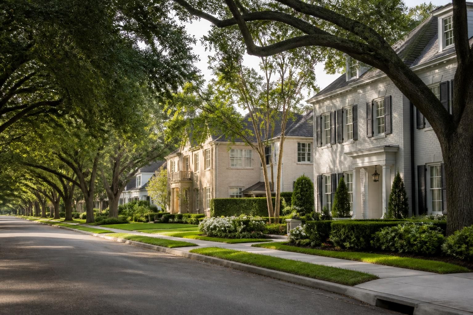 Well-kept Bellaire street with lush greenery and upscale homes.
