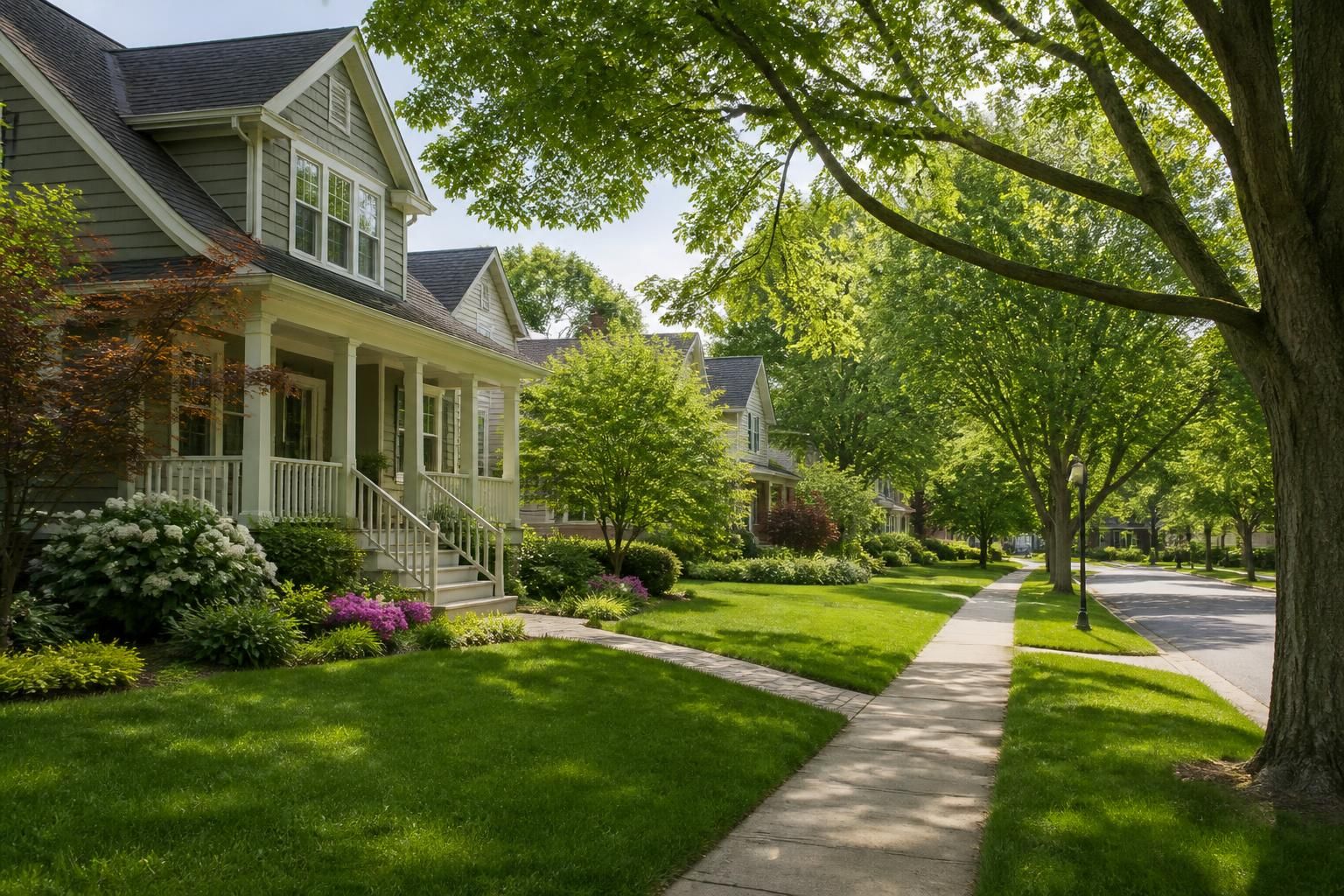 Quiet green suburban neighborhood with lush landscaping and soft light.
