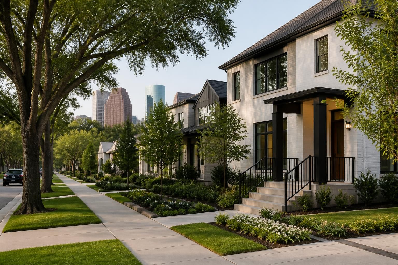 Welcoming Houston neighborhood with modern homes and mature trees.
