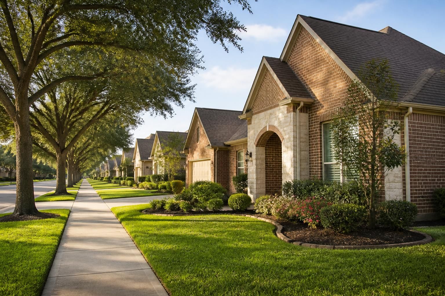 Tidy Katy neighborhood with landscaped yards and bright daylight.