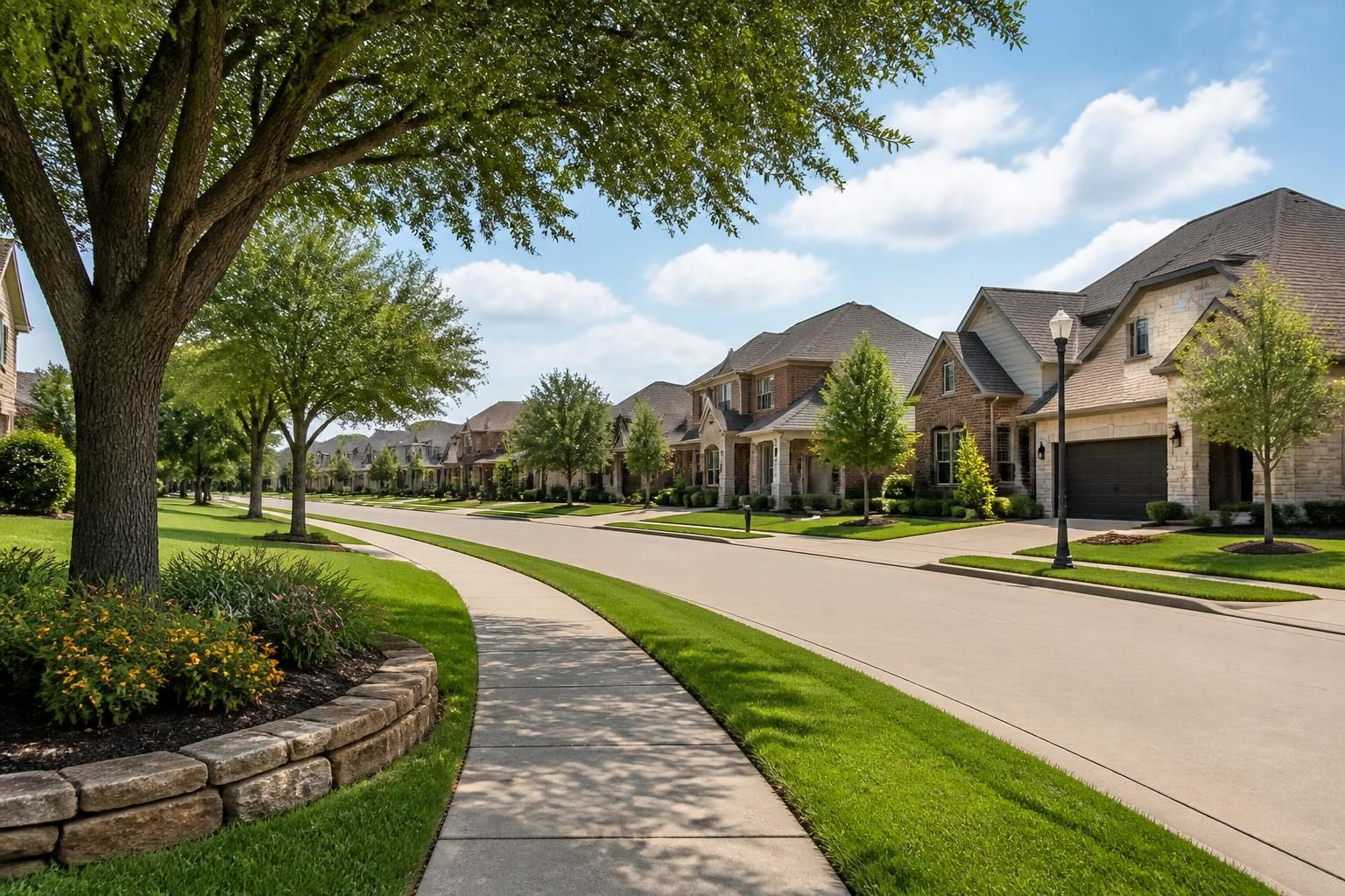 Well-maintained Missouri City neighborhood with wide streets and greenery.