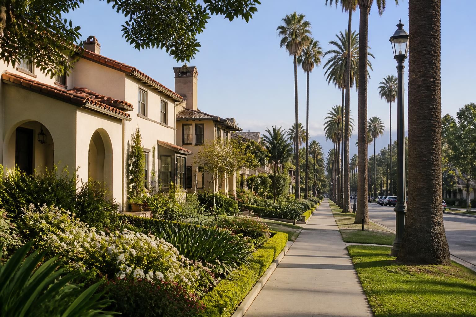 Tidy Pasadena neighborhood with palm-lined streets and soft daylight.