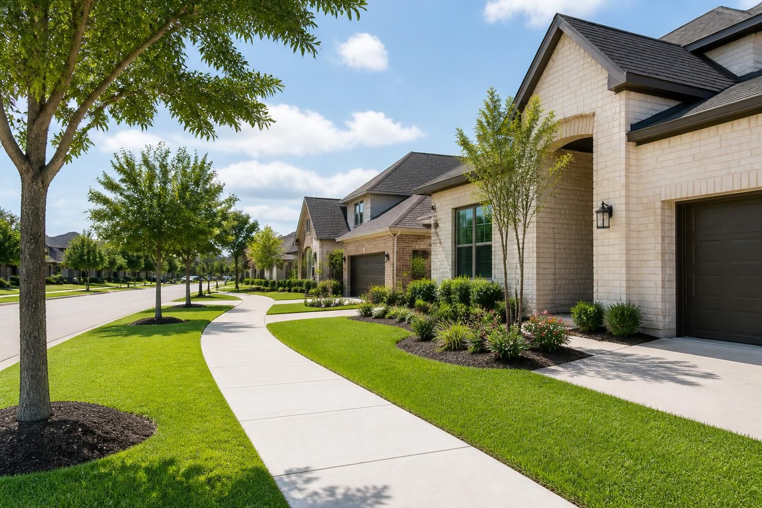 Clean Pearland neighborhood with modern homes and soft greenery.