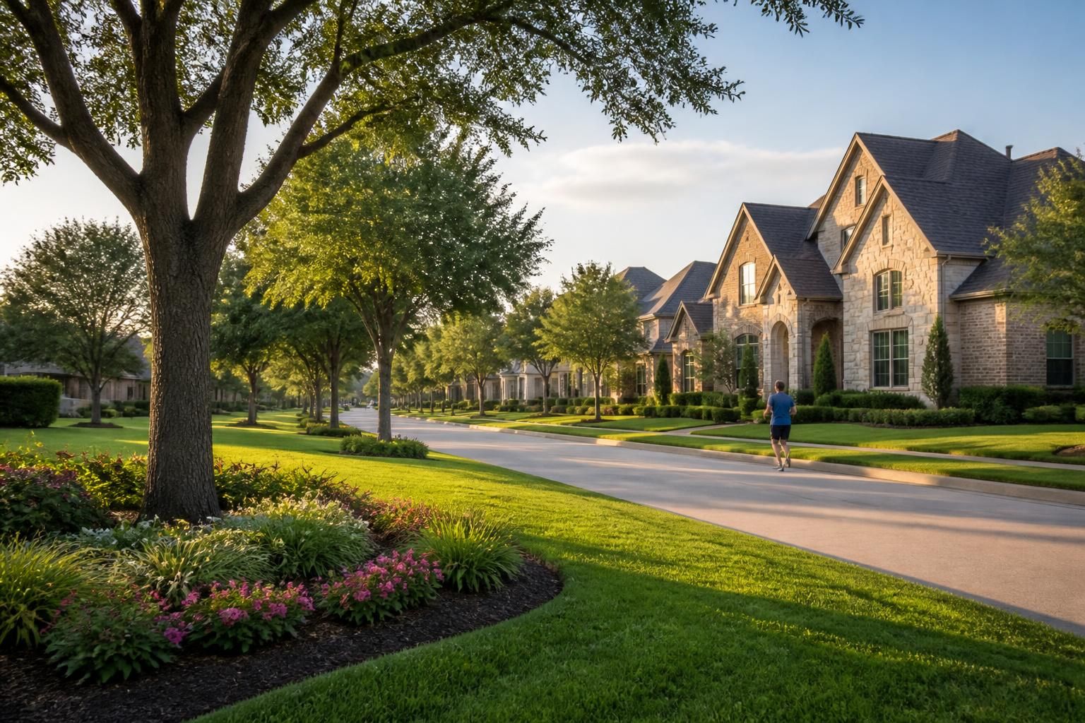 Polished Sugar Land neighborhood with manicured landscaping and homes.
