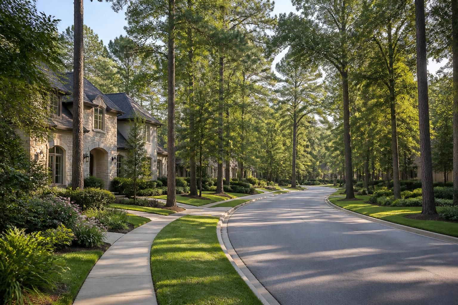 Tree-lined Woodlands street with refined homes and abundant greenery.